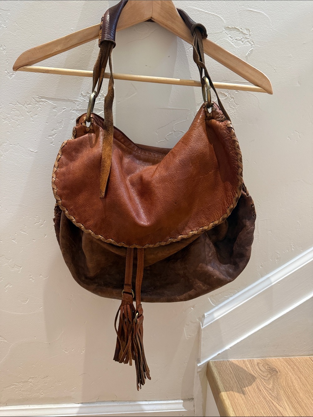 Carla Mancini Handmade Distressed Leather Tassel Hobo Bag